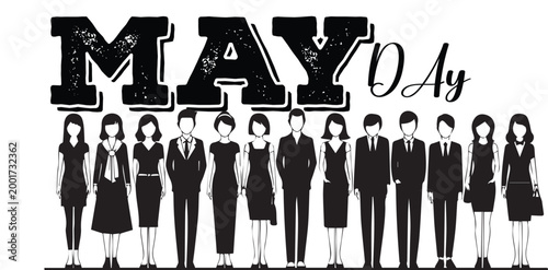 May day illustration a group of silhouetted figures and bold typography
