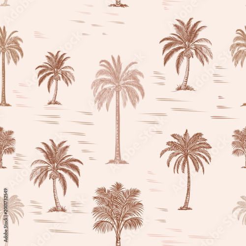 Fashion vector seamless pattern with tropical palms in beige, brown, sepia tones