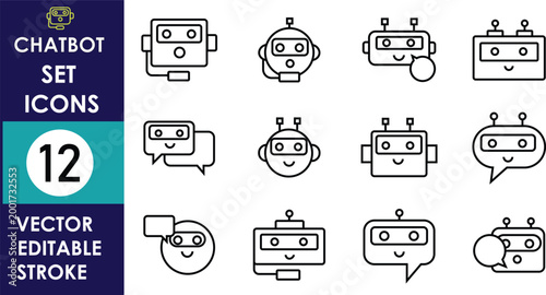 Minimal line icon set featuring chatbot robots, speech bubbles, and digital assistant faces, clean vector outlines ideal for UI, apps, customer support, and automation
