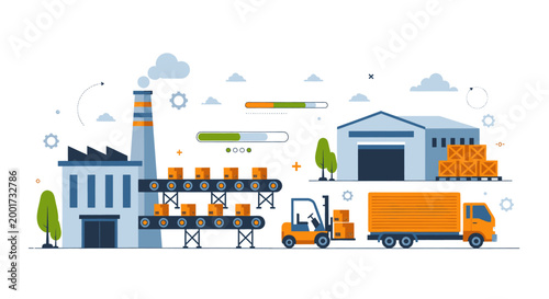 Streamlined factory production and efficient supply chain logistics from manufacturing plant to distribution warehouse, showcasing modern industrial processes