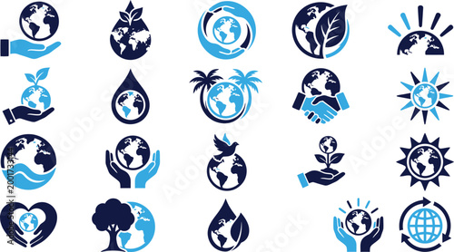 Collection of eco friendly logos and symbols representing earth care and nature conservation.