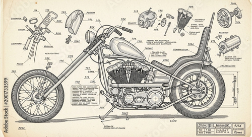 Detailed Blueprint Drawing of a Custom Chopper Motorcycle.