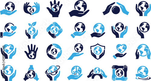 Collection of hand held earth icons symbolizing global unity environmental care and protection.