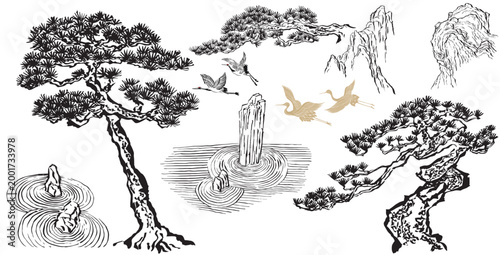 vector of Bonsai tree, zen garden, rock, mountain  and crane birds with Chinese ink wash painting in traditional style.