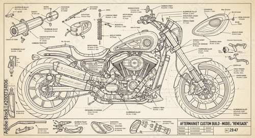 Detailed technical blueprint drawing of a motorcycle.