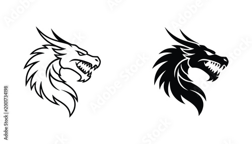 Aggressive dragon head mascot logo featuring sharp fangs and spiky mane in outline and solid black vector style for sports teams
