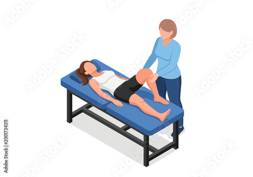 An isometric illustration portrays a female physical therapist standing next to a blue medical exam table, carefully bending the right knee of a woman lying on her back during a rehab therapy session