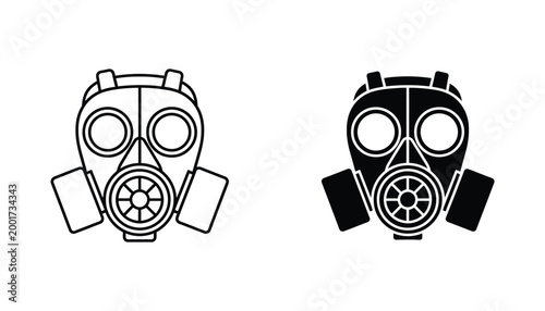 Gas mask protective equipment icon set featuring detailed line art and solid black silhouette versions for industrial safety and emergency preparedness concept designs isolated on white background