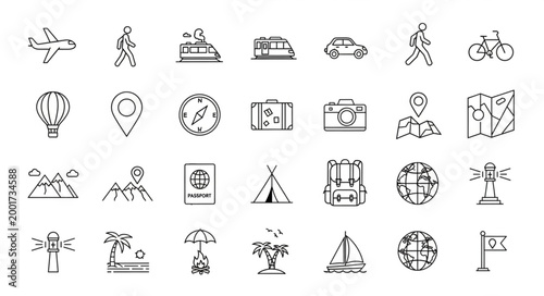 Collection of hand-drawn travel and transportation icons.