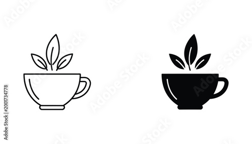 Herbal tea cup icon set with floating leaves in outline and solid black silhouette styles for organic beverage and cafe branding