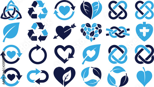 Eco friendly symbols and icons representing sustainability nature conservation and recycling concepts.