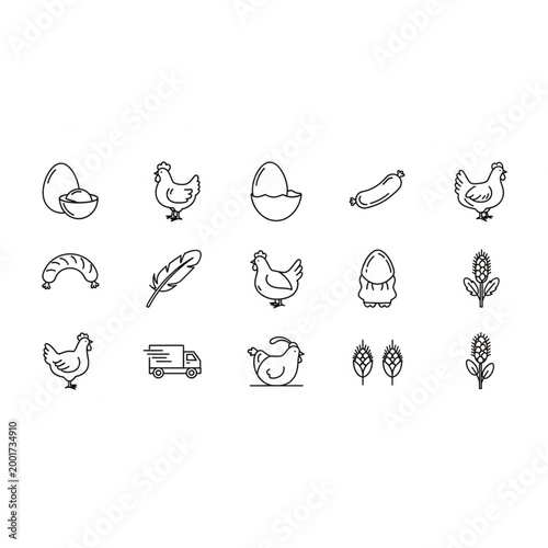 Poultry Farm Line Icon Set Chicken Egg Vector Symbols