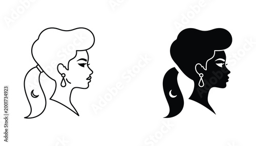 Profile of a beautiful woman with ponytail and moon earrings fashion icon in outline and solid black vector style