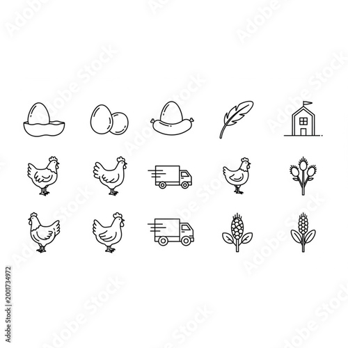 Poultry Farm Line Icon Set Chicken Egg Vector Symbols