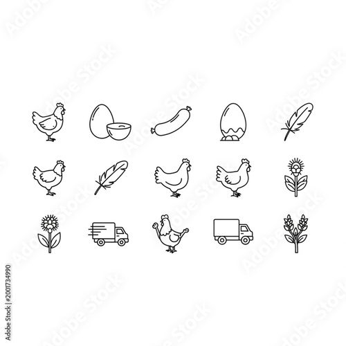 Poultry Farm Line Icon Set Chicken Egg Vector Symbols