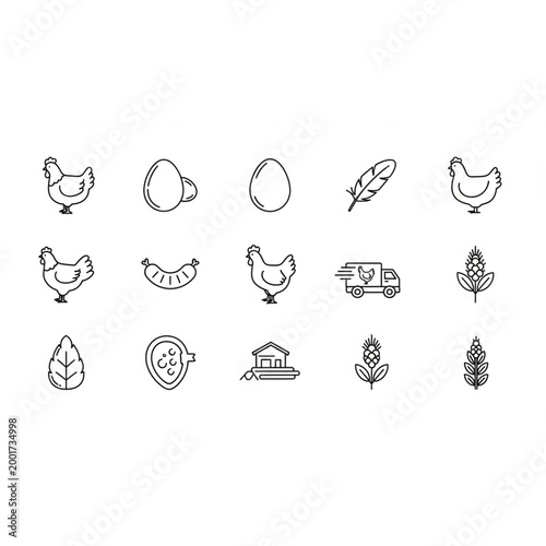 Poultry Farm Line Icon Set Chicken Egg Vector Symbols