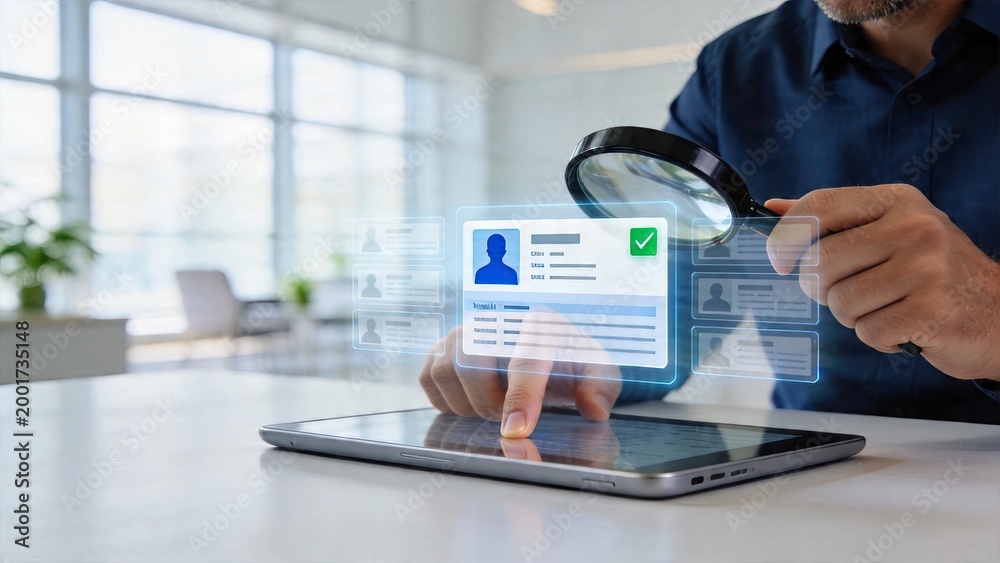 Fototapeta premium Businessman verifying digital identity on tablet futuristic interface with holographic profile magnifying glass inspection security check concept modern technology office