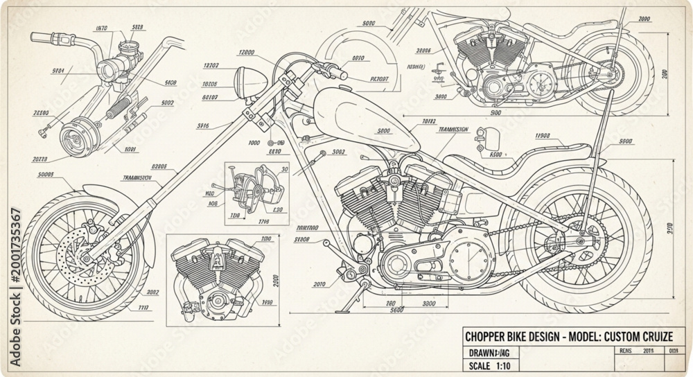 Obraz premium Detailed technical drawing of a custom motorcycle blueprint.