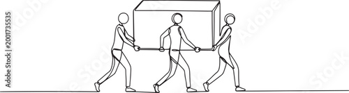 Three people carrying a large rectangular object together on poles, representing teamwork and shared effort in a simple line drawing style