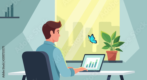 Man working on laptop with growth chart, butterfly outside window, office plant