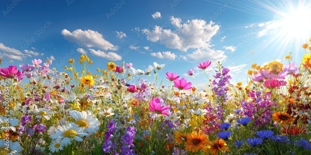 Obraz premium Vibrant, sunlit wildflower meadow with a clear blue sky and fluffy clouds
