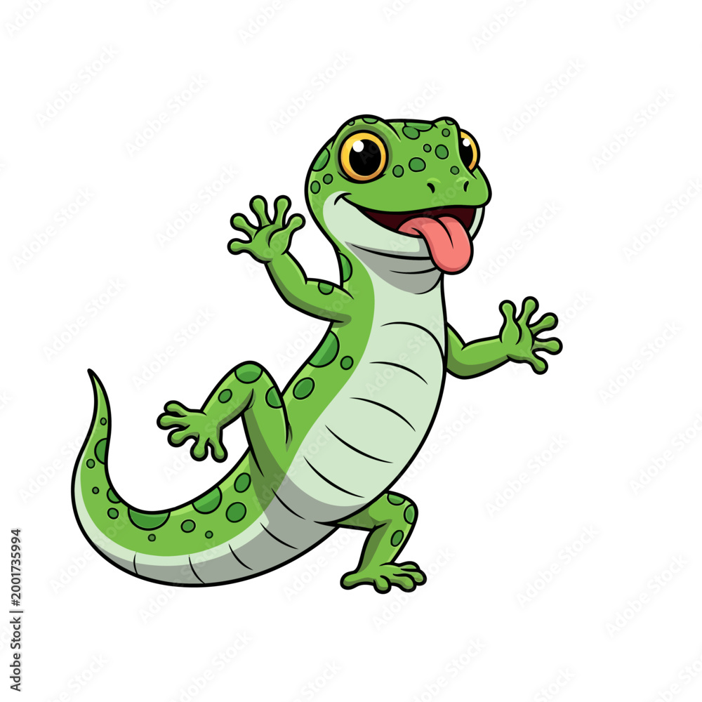 Fototapeta premium A cheerful green gecko with distinctive spots and its tongue playfully sticking out, shown in a dynamic pose. This illustration is perfect for children's education, marketing, or nature-themed designs