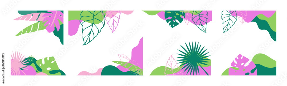Fototapeta premium Tropical leaves frame summer background border and frame. Colorful modern botanical border. Abstract flat illustration of exotic jungle foliage.