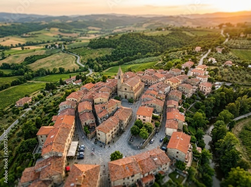 Aerial view of a historic Italian hilltop village in Tuscany during golden hour, featuring traditional terracotta roofs, a central stone church, and lush green rolling hills in the background.