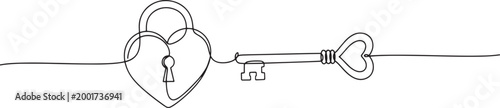 Continuous line drawing of a heart-shaped lock and key, symbolizing love, security, and commitment in a minimalist artistic style