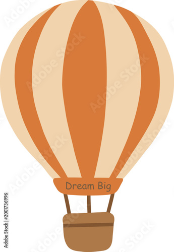 striped hot air balloon flying with dream big text on basket, perfect for inspirational poster, nursery decor