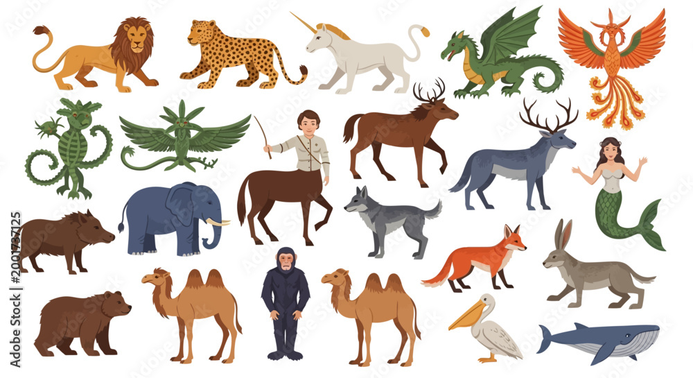 Fototapeta premium Medieval Bestiary Animals and Mythical Creatures Vector Collection – Dragons Unicorns and Griffins