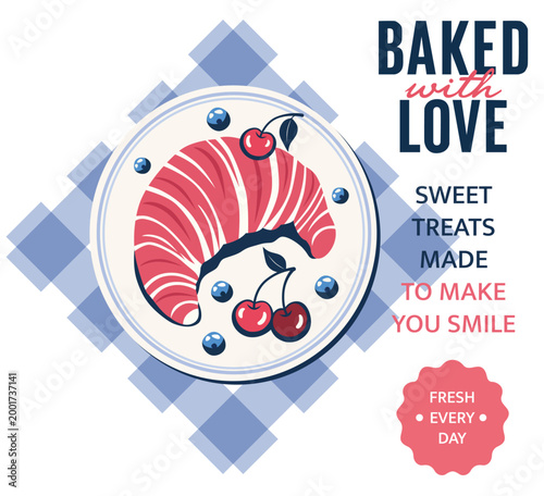 Breakfast poster with blue berries, croissant, plates, napkins. Kitchen dishes. Best for summer t-shirt prints, posters, stickers, decoration, decor, design, kitchen towels, textile, decor, decoration