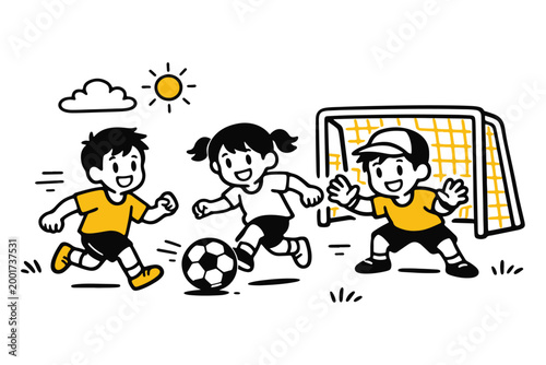 Hand-drawn cartoon children playing soccer, happy kids running with football on grass field, goalkeeper at net, yellow and black vector illustration