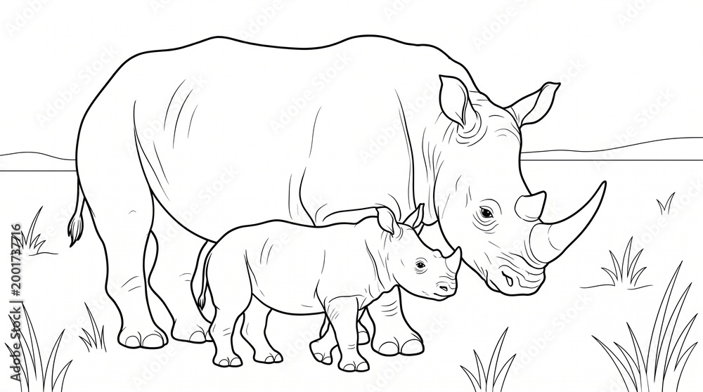 Fototapeta premium mother rhinoceros and calf grazing in savanna grassland illustration