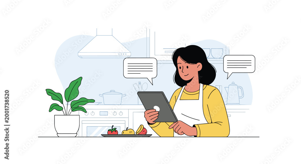 Fototapeta premium Woman wearing apron using digital tablet to find recipes or watch cooking tutorials in a modern kitchen environment.