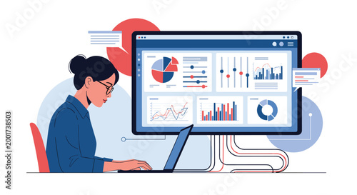 Female data analyst working on laptop in front of a giant screen displaying various colorful pie charts and statistical data.