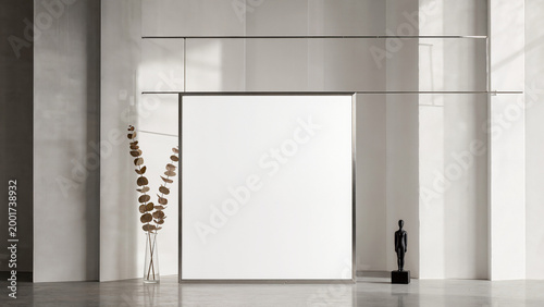 Square mockup in minimalist concrete gallery.
​Botanical accents meet modern art display.
​Sculptural elements enhance blank canvas scene.
​Sharp architectural shadows across grey walls.