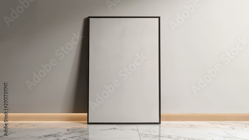 Vertical black frame on marble floor.
​Minimalist canvas leaning against grey wall.
​Elegant mockup for modern art posters.
​Clean interior with soft cove lighting.
​Luxury marble floor 
