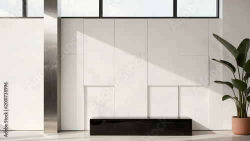 Minimalist white gallery with black bench.
​Sunlight hitting geometric paneled wall interior.
​Sleek black pedestal near green plant.
​Modern architectural lobby with natural light.