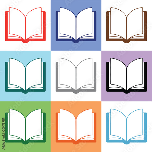 Open Book Outline Icon Set in Different Colors, Education and Library Symbols for School, Reading and Learning Concepts, Minimal Vector Illustration Collection