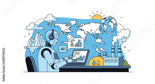 Intelligent robot monitors global environmental data on a laptop with symbols of climate change and industrial production.