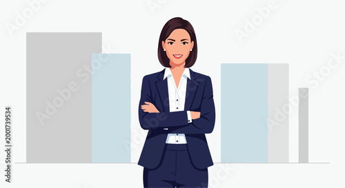 Professional business woman in navy suit with arms crossed, confident female entrepreneur vector illustration, successful corporate leader character