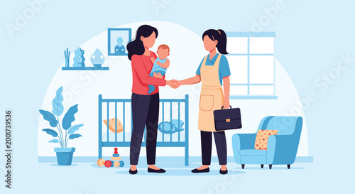 Young mother shakes hands with a professional babysitter in a cozy nursery room setting for a new childcare arrangement.