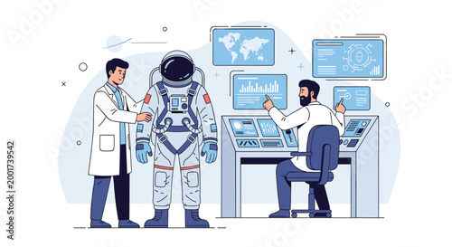 Team of scientists works in a high tech space center to prepare an astronaut in a spacesuit for a future lunar mission.
