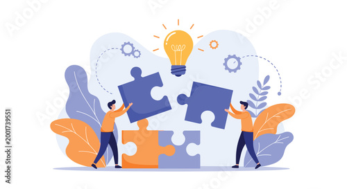 Two team members collaborate by connecting giant puzzle pieces under a bright lightbulb icon representing a shared solution.