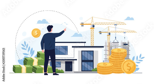 Real estate investor analyzing property development project with house model and construction cranes representing financial growth.