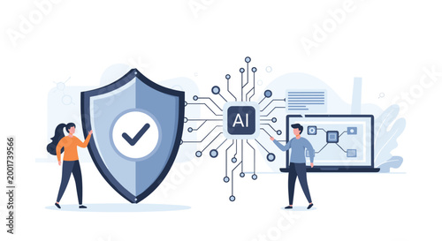 Artificial intelligence cybersecurity concept showing digital shield protection and human interaction with advanced neural networks.