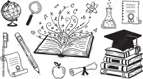 Education doodle set with school books globe stationery and items on transparent background.