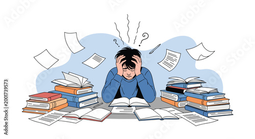 Exhausted student feeling overwhelmed by exam preparation while sitting at desk surrounded by piles of textbooks and scattered papers.