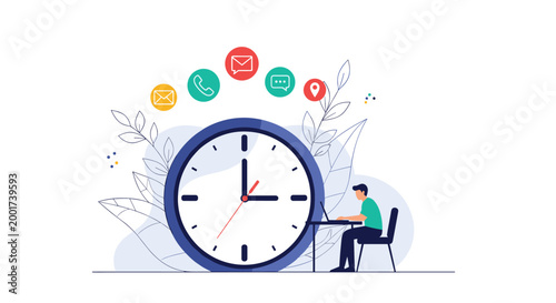 Busy professional managing time and global communications at a desk in front of a giant clock face with various contact icons above.